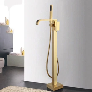 Grifo de relleno de bañera de pie de montaje en piso dorado grifo mezclador ducha de mano - Imagen 1 de 12