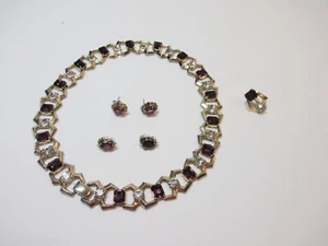 Collar gargantilla vintage cuadrado de amatista/circonita cúbica redonda + 2 pares de pendientes - Imagen 1 de 8