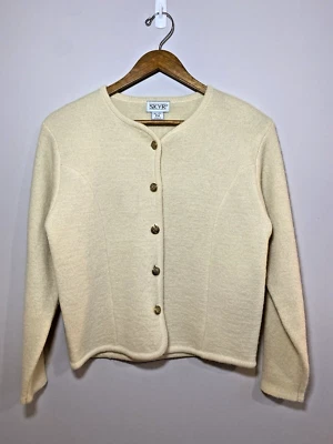 SKYR Sweater Vintage Womens Petite Medium Cream 100% Wool Gold Button Cardigan - Image 1 of 4