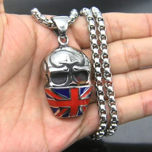 Collana uomo grande acciaio inox bandiera UK British Union maschera teschio ciondolo - Foto 1 di 23