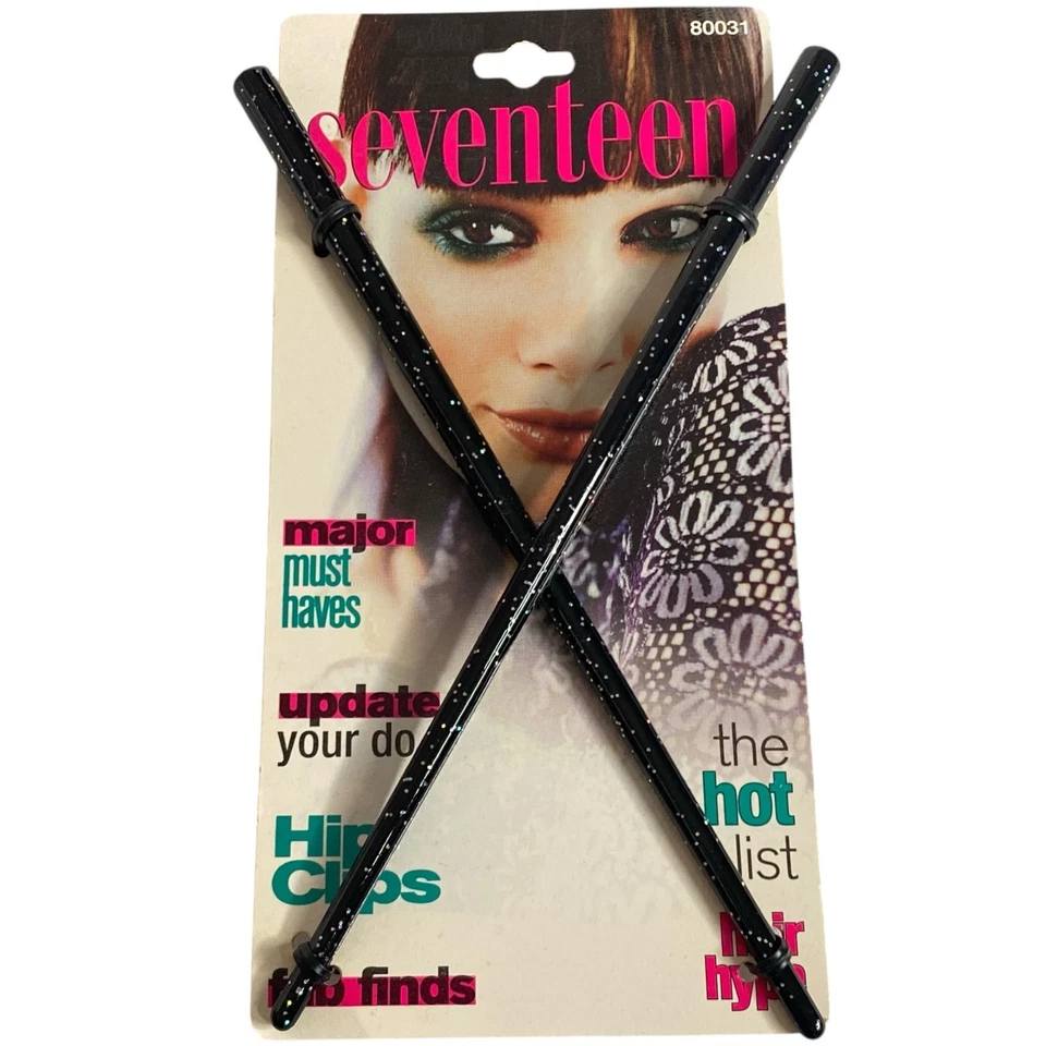 Vintage 90s Seventeen Hair Sticks Black Sparkle Glitter Buns and Updos #80031 - Image 1 of 4