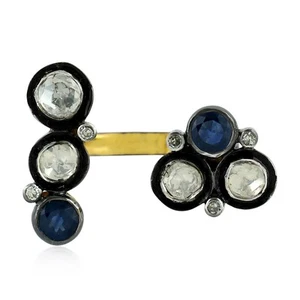 925 Silver Rose Cut Diamond Blue Sapphire Cocktail Ring 18k Gold Jewelry - Picture 1 of 6