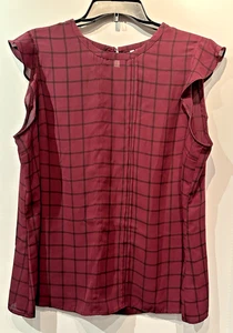 ELLE Women’s Maroon Plaid Print Ruffle Sleeve Blouse XL EUC - Picture 1 of 2