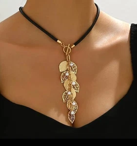 Elegant PU Black Leather Golden-Tone Leaf Design Y-Shaped Necklace #545 - Picture 1 of 4