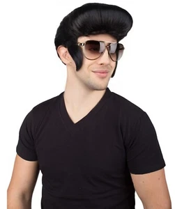 Adult Men's Black Color Straight Updo Rock and Roll Icon Wig, HM-1398A - Picture 1 of 8