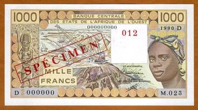 SPECIMEN West African States, Mali, 1000 (1,000) Fr, 1990 P-406Ds UNC - Image 1 of 2