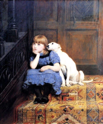 GREATVINTAGEPOSTERS SYMPATHY LITTLE GIRL COMFORTED BY HER DOG 1878 PAINTING BY BRITON RIVIERE REPRO