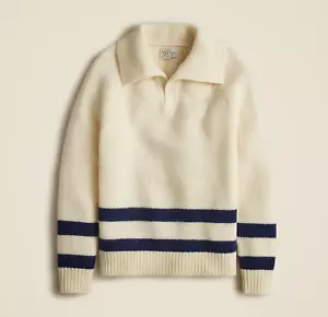 NEW MEN'S S J CREW HIGHLAND WOOL OPEN COLLAR SWEATER IN IVORY NAVY STRIPE - Picture 1 of 1