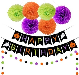 Halloween Theme Happy Birthday Banner Happy Birthday Halloween Banner Pom Poms - Picture 1 of 5