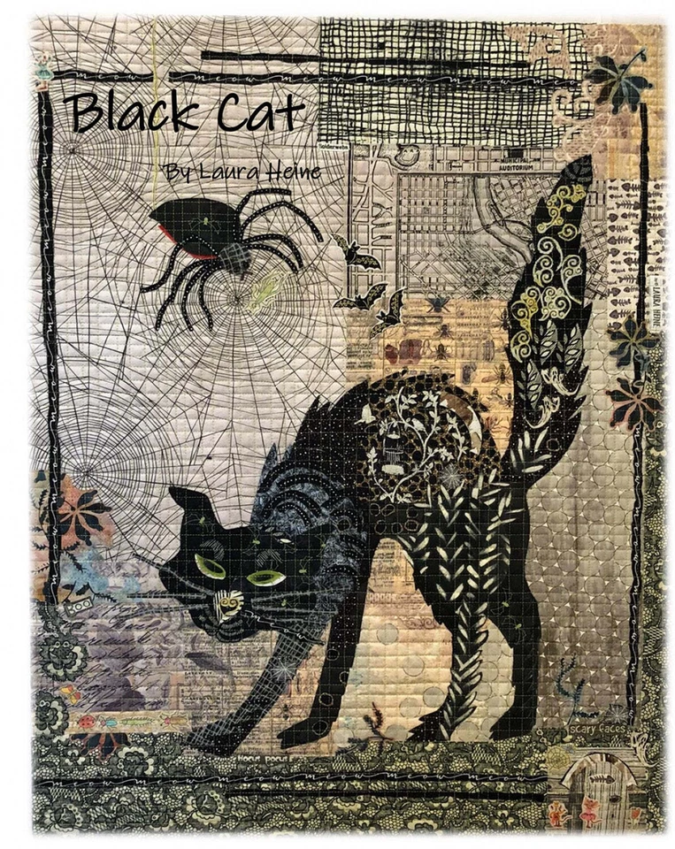 Black Cat Spider Collage Halloween Laura Heine Fiberwork Fused Art Quilt Pattern