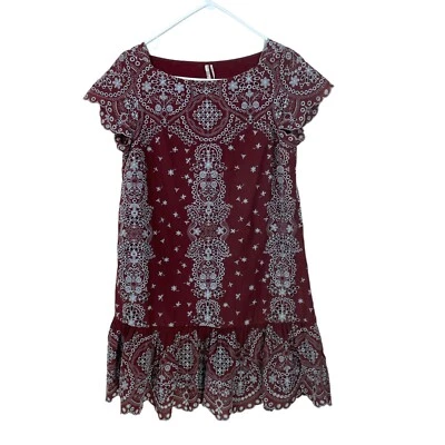 Anthropologie Feather & Bone Size S Embroidered Eyelet Ynez Dress Burgundy - Image 1 of 4