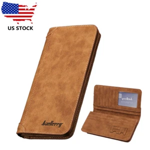 Men's Long Vintage Coffee Leather Clutch Bag Multi-function Wallet with Zipper - Picture 1 of 7