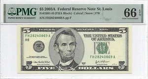 2003A $5 ST LOUIS FRN. PMG GEM Uncirculated 66 EPQ Banknote 2nd of 2 consecutive - Picture 1 of 2