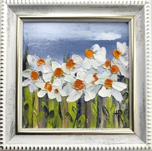 Dipinto olio originale 4x4 pollici incorniciato fiori fiori bianchi fiori selvatici arte floreale - Foto 1 di 9