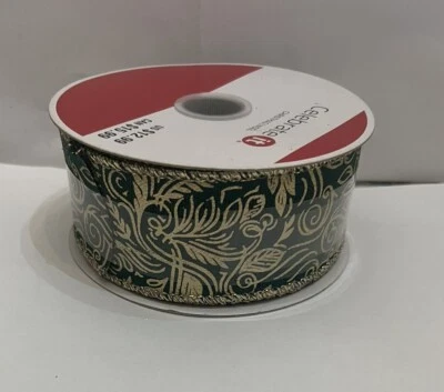 1 1/2” x  30 Ft Wired Edge Ribbon. Gold Leaf on Dark Green For Christmas Winter - Image 1 of 2