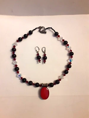 De colección. Juego de collar y pendientes Estate plata .925 vidrio y ágata roja Foto 1 de 4