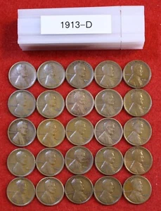 1913-D Lincoln Grano Centesimo Penny 25 Moneta 1/2 Rotolo F+ Circolata R1,5 - Foto 1 di 3