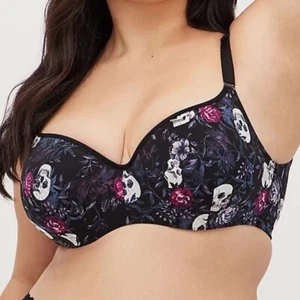Torrid Curve Skull Rose Print Bra Push Up Plunge Black Lace Trim 46D - Picture 1 of 8