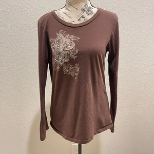 Beverly Hills braunes Langarm TShirt Fleur de Lis Strass Glitzer Y2k M - Bild 1 von 7