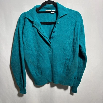 VTG Lambswool Angora Blend Sweater Cable Knit Teal Blue Collared Womens M P SEE - Image 1 of 4