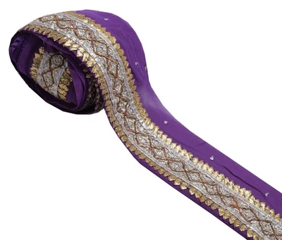 Sushila Vintage Purple Saree Border Indian Craft Sewing Trim Hand Beaded Lace Foto 1 de 4