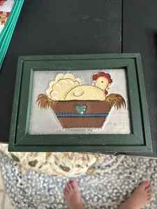 Framed Vtg Punched Tin Painted Hen On Nest Folk Art Signed Farmhouse Pierced '94 - Picture 1 of 3