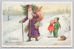 Postkarte mit geteilter Rücken Weihnachten lila Gewand Weihnachtsmann Kinder - Bild 1 von 2