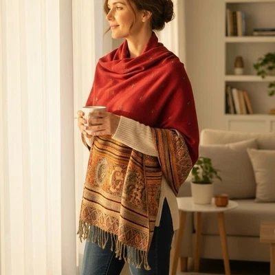 Pashmina Bufanda Mantón Mujer Talla Única Rojo Cachemira Flecos Cachemira Seda Foto 1 de 4