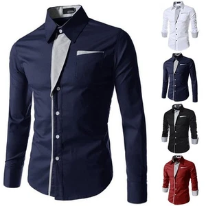 Sleek Mens Slim Fit Blouse Shirt for Business Formal Look with Long Sleeves - Picture 1 of 20