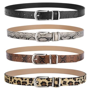 Women Leopard Snake Printed Faux Leather Skinny Pin Belt Dress Jeans Waistband - Picture 1 of 11