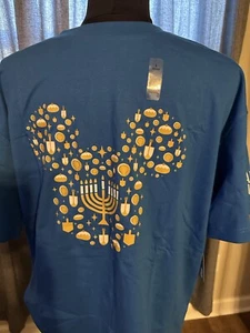 BNWT Disney Unisex Large Blue T-Shirt Happy Hanukkah Menorahs & Dreidels Cotton - Picture 1 of 9