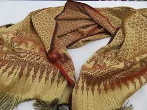 CHRISTMAS BENARES IRIDESCENT OPULENT GOLD BURGUNDY ELEPHANT BROCADE SHAWL WRAP - Picture 1 of 13