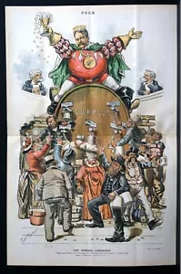 James Tanner 1889 PENSION SWINDLE ATTORNEY KEG of SURPLUS MONEY Puck Art - Picture 1 of 11