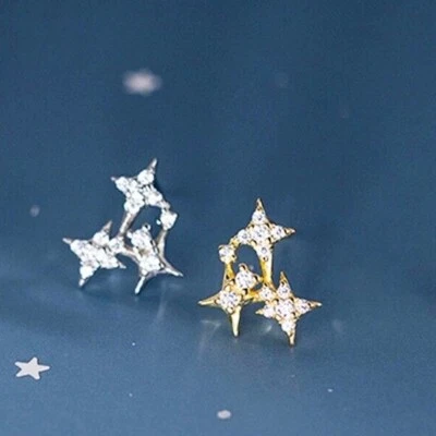 Серьги-гвоздики из стерлингового серебра со вспышками звездообразования, серьги-гвоздики с фианитами, серьги с тремя звездами - Изображение 1 из 4