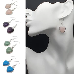Earrings Crystal Heart Natural Gemstone Chakra Dangle Drop Sterling Silver Hooks - Picture 1 of 61