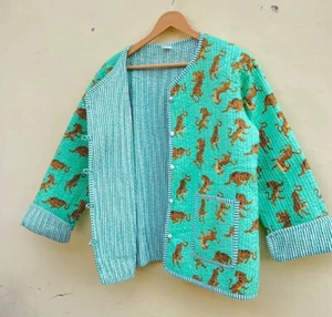 Green Quilted Cotton Printed Jacket Handmade Cotton Jacket Women's Clothing AU - Picture 1 of 9