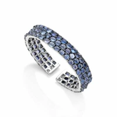 Women's 925 Sterling Silver Blue Sapphire and Clear CZ 43.05TCW Cuff Bracelet - Image 1 of 4