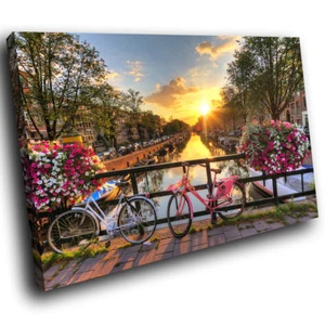 SC455 Amsterdam Bicycle Bridge Landscape Canvas Wall Art Large Picture Prints - Picture 1 of 6
