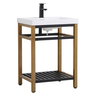 优雅装饰 Raya 24 英寸单树脂上衣金属浴室梳妆台金色和黑色 — 第 1/4 张图片