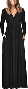 OUGES Women's Black Long Sleeve V-Neck Wrap Waist Maxi Dress - Size: L - Picture 1 of 5