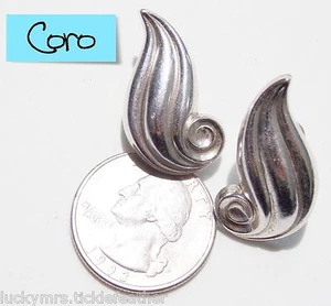 Vintage Signed CORO Screw Earrings, Abstract Silvertone Ridged Curl/Swirl - Picture 1 of 2