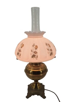 ANTIQUE BRASS OIL LAMP W/ GONE WITH THE WIND GLASS HANDPAINTED FLORAL SHADE - Image 1 of 4