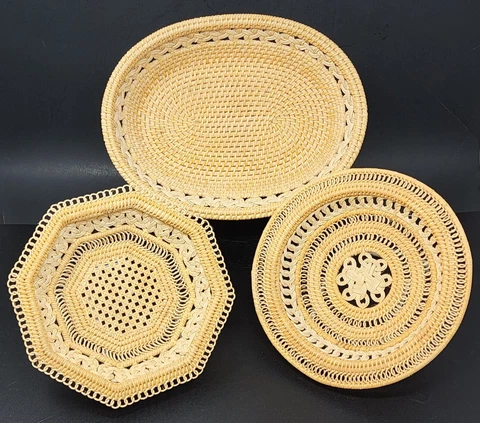 Vintage Hand Woven Rattan Baskets Round Oval Octagon Lot of 3 Baskets Cover