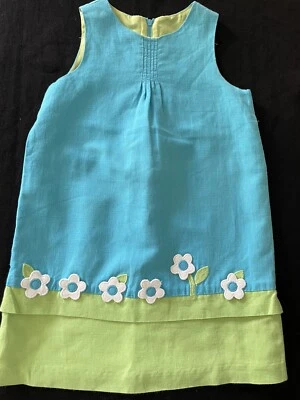 Vestido Florence Eiseman Usado en Excelente Condición Azul/Verde Algodón/Lino Apliques Completamente Forrado-6 años Foto 1 de 4