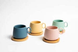 Set Of 4 Coffe/Tea Cup With Bamboo Coasters Lovey Trendy Assorted Colors - Picture 1 of 7
