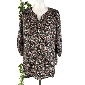 Croft & Barrow Blouse Tunic size Extra Large Black Pink Floral Paisley Peasant - Picture 1 of 14