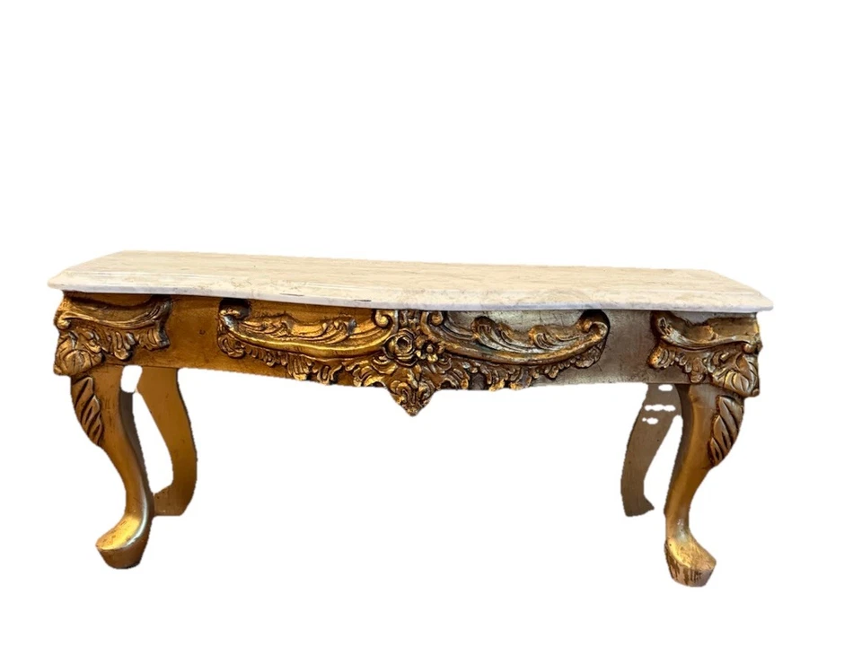 VNT Louis XV/Baroque Style Low Ornate Carved Gold Console Table With Marble Top - Image 1 of 4