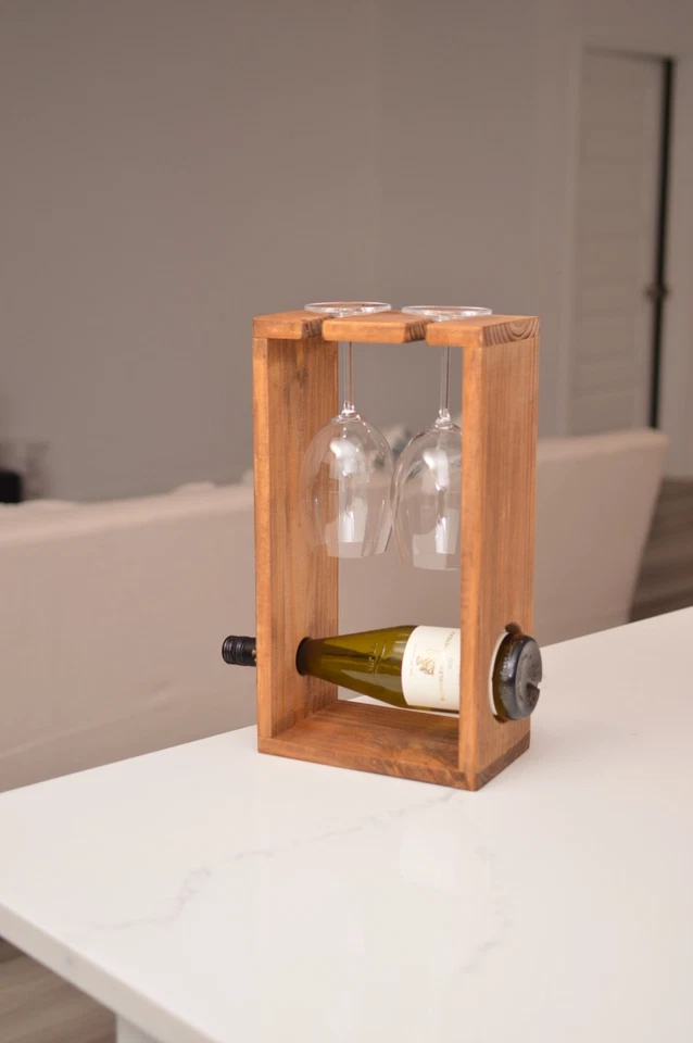 Estante de vino de madera artesanal para botellas y vasos carrito encimera soporte para vino Foto 1 de 4