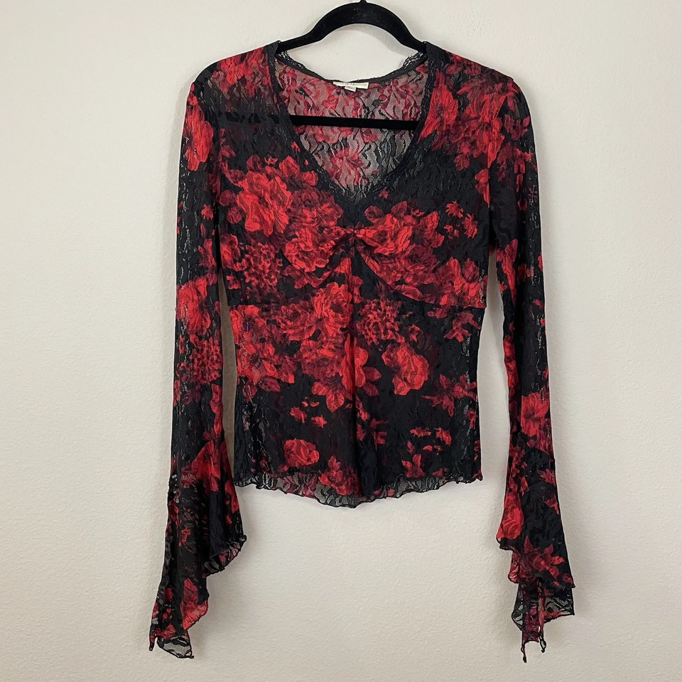 Caché Vintage Red Floral Lace Sexy Goth Long Bell Sleeves Sweetheart Top Size M - Image 1 of 4