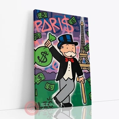 MR MONOPOLY GRAFFITI URBANO PARÍS DINERO EN EFECTIVO ARTE DE PARED SALA DE ESTAR LIENZO ENMARCADO Foto 1 de 4